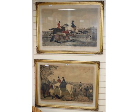 Giles after Herring, pair of colour lithographs, J.F Herring's Senior Fox Hunting, The Run and The Meet, 70 x 94cm