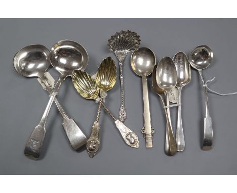 A pair of American sterling silver preserve spoons, a George III Scottish sauce ladle, a Victorian sifter ladle, three teaspo