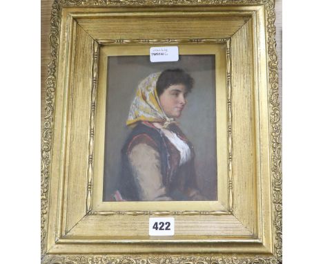 H* King, Head and shoulders profile portrait of a young woman wearing a headscarf, oil, 19.5 x 14.5cm