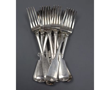 A set of eight William IV silver fiddle pattern table forks, London, 1835 and four similar forks, 30 oz.&nbsp;PLEASE NOTE 20%