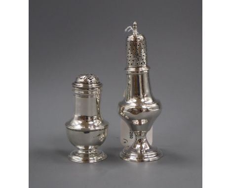 A George III silver baluster caster and a George II silver bun pepper, Samuel Wood, London, 1737, largest 15cm.&nbsp;PLEASE N