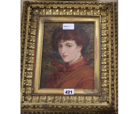 Edward Penstone (fl. 1880-1906), Head and shoulders portrait of a red-headed young woman wearing a red coat and scarf, waterc