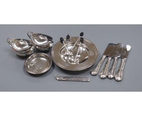 Mixed silver/white metal including Jubilee armada dish, two condiments, flatware etc.