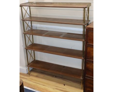 A brass and mahogany five shelf open bookcase W.100cm