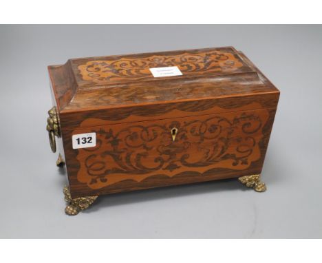 A Regency rosewood and satinwood inlaid tea caddy height 19cm length 31cm
