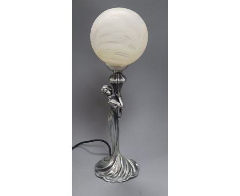 A WMF style lamp base and shade, in the form of a lady height 49cm