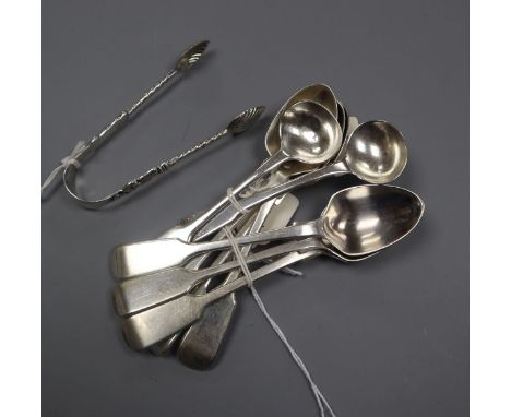 A set of six Victorian silver egg spoons, London, 1867, a pair of Edwardian tongs and two salt spoons.&nbsp;PLEASE NOTE 5% IM