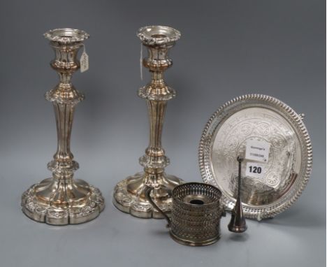 A pair of Old Sheffield plate candlesticks, a plated waiter and a pierced plated chamberstick, candlesticks height 29.5cm&nbs