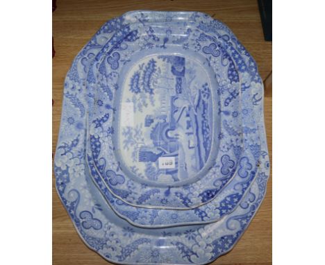 A graduated set of three 19th century spode blue and white meat dishes, Sebastians Gate pattern