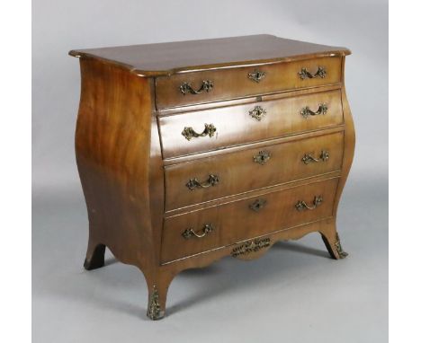 A 19th century Dutch ormolu mounted mahogany bombe commode, with serpentine top, fitted four graduated long drawers, on swept