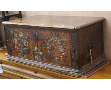 An 18th century Continental painted pine trunk W.99cm