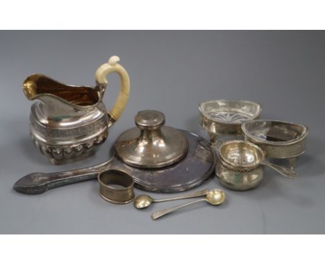 A 19th century Russian ivory handled silver cream jug, a pair of Georgian silver salts, inkwell, mirror etc.