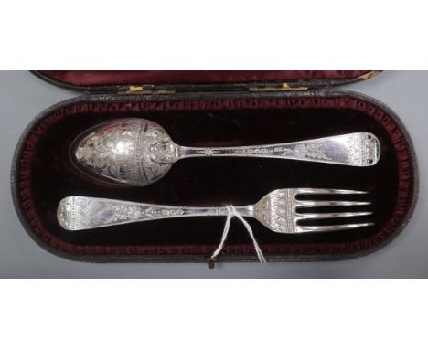 A cased late Victorian silver christening fork and spoon, Josiah Williams &amp; Co, London, 1889.