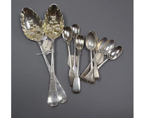 Five George V silver coffee spoons, three William IV / Victorian mustard spoons and two George III berry spoons. 7 oz.&nbsp;P
