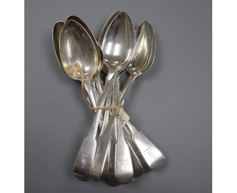 A set of six George III silver fiddle pattern tablespoons, William Bateman, London, 1818 and six similar spoons 27.5 oz.&nbsp