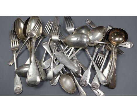 A quantity of assorted 19th century and later silver flatware, various patterns, dates and makers, 64.5 oz.