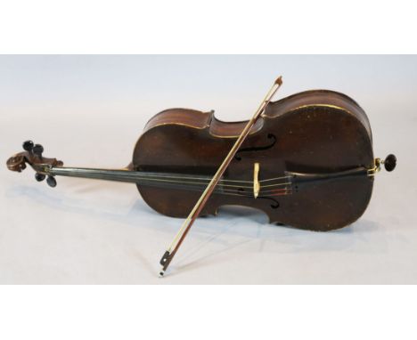 A Klingenthal Saxony cello, c.1890, apocryphal Stradivarius label, together with an East German bow length of back 76cm