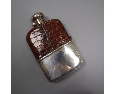 A George V silver and leather mounted glass hip flask, Chester, 1913, 15.1cm.&nbsp;PLEASE NOTE 5% IMPORT TAX IS PAYABLE ON TH