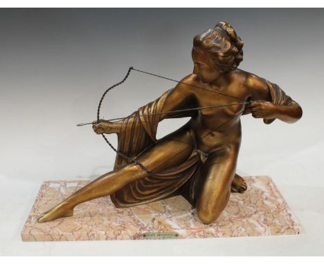 An Art Deco plaster model of Diana the Huntress, marble base, 51cm wide 