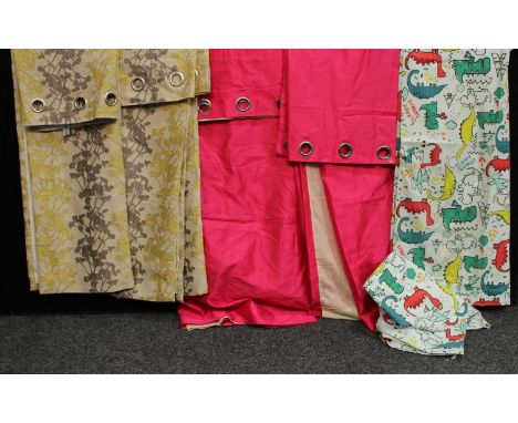 Textiles - a pair of Next children's curtains, Sleepy Saurus; another pair, eyelet topped abstract design; others, hot pink (