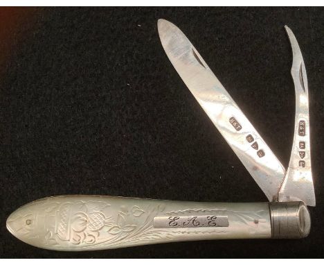 A late Victorian silver two blade fruit knife, folding knife and seed pick blades, engraved mother of pearl handle, Hilliard 