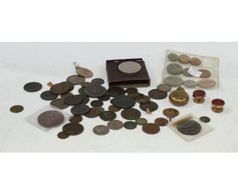 Coins - a George III silver coin 1818; cartwheel pennies; a metal sovereign case; assorted 19th century and later base metal 