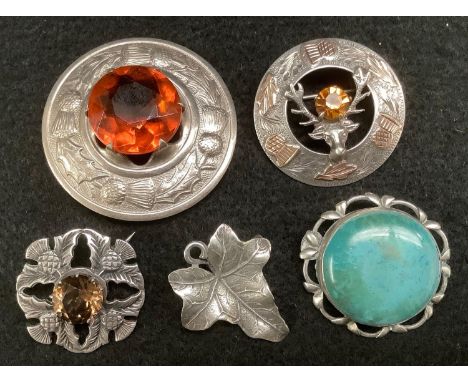 A Scottish silver stags head ring brooch, citrine effect central stone,  Ward Brothers Edinburgh 1957;  others Ruskin panel, 