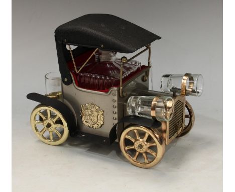 A novelty musical whisky decanter and glasses, the caddy as a vintage car, by Lucky Gold, Terada Ware, Tokyo Japan, when the 