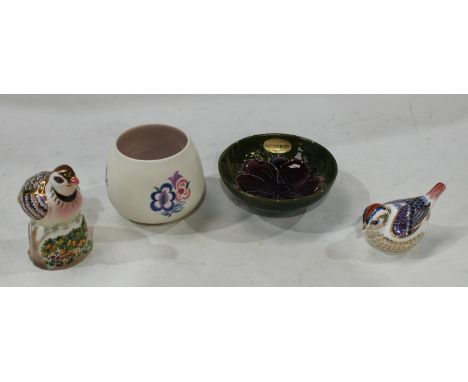 Royal Worcester Patridge in a pear tree, printed marks, No.174 of 350; a Royal Crown Derby paperweight Wren, silver stopper, 