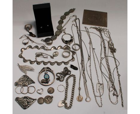 A silver presentation plaque, London 1977; silver jewellery, curb link bracelet, necklaces, pendants, embossed prayer book mo