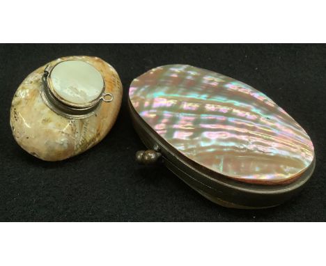 A 19th century shell snuff box, mother of pearl inlaid hinged cover, approx 52mm long;  an abalone evening purse (2) 