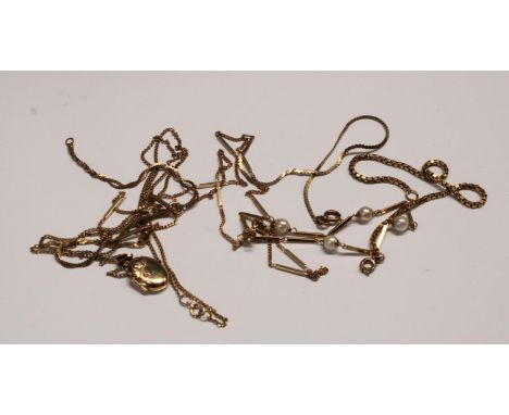 A 9ct gold cultured pearl necklace; a 9ct gold pendant locket and chain; other 9ct bracelets, 15.7g gross 