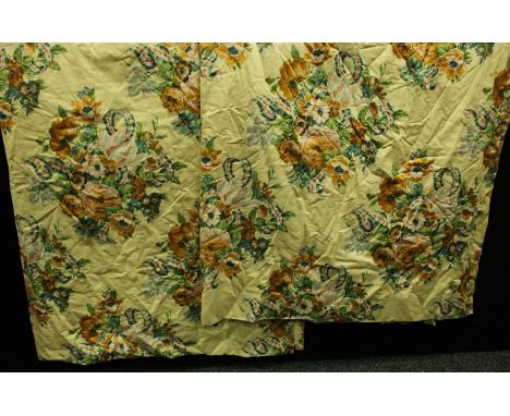 Textiles - a large pair of glazed cotton interlined floral curtains 