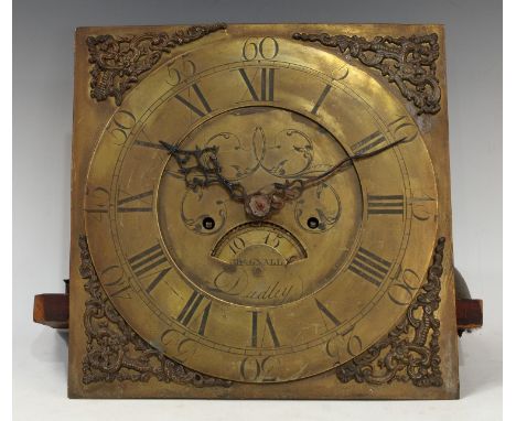 A George III longcase clock movement, 31cm square brass dial inscribed Bagnall, Dudley, the slightly raised chapter with Roma