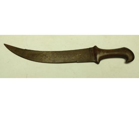 A Middle Eastern kindjahl dagger, 25cm curved blade chased with wriggle-work, steel hilt, 38cm long overall 