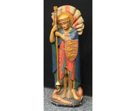 A large chalk model of George and the dragon, three lions on his shield, 66cm high 