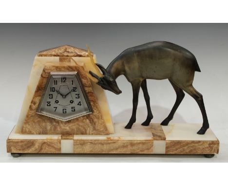 An Art Deco marble mantel clock, surmounted with a gazelle,55cm wide. 