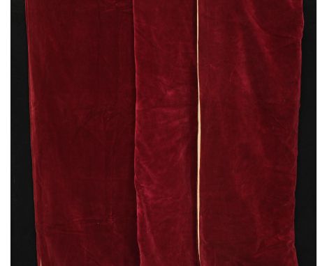 Textiles - a pair of claret cotton velvet curtains; another panel 