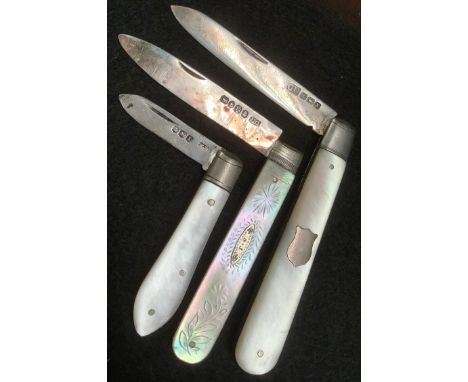 A Victorian silver bladed mother of pearl handled folding fruit knife, Francis Clark, Birmingham 1843;  others George Unite, 