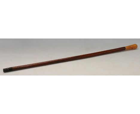 An 18th century gentleman's ivory and malacca walking cane, quite plain, pierced with a suspension loop, broad brass walking 