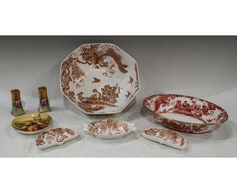 A Royal Crown Derby Brown Aves pattern octagonal bowl, 24cm diameter, unmarked; a Red Aves pattern oval serving dish; an Ayns