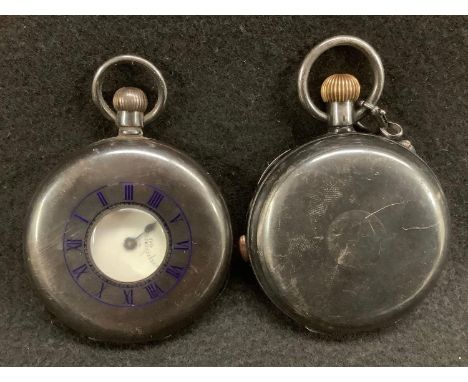 A late 19th century silver cased button wind full hunter cased gentleman`s chronograph pocket watch, white enamel dial, Roman