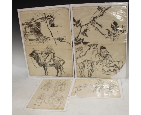 Chinese School (19th/20th century) A pair, Sages in Landscapes monochrome wash on paper, 39.5cm x 27.5cm, (2); Japanese Schoo