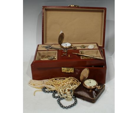 A gold plated Dennison hunter pocket watch, boxed; another gold plated hunter pocket watch; a shell cameo, no mount; a lady's