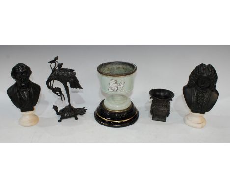 Two painted plaster model busts of Handel and Wagner; a Japanese bronzed type metal figure of a Crane upon a Tortoise etc (5)