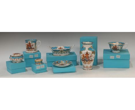 A Staffordshire Royal Collection Golden Jubilee trinket pot and cover, boxed; others similar, vase, teacup and saucer, all bo