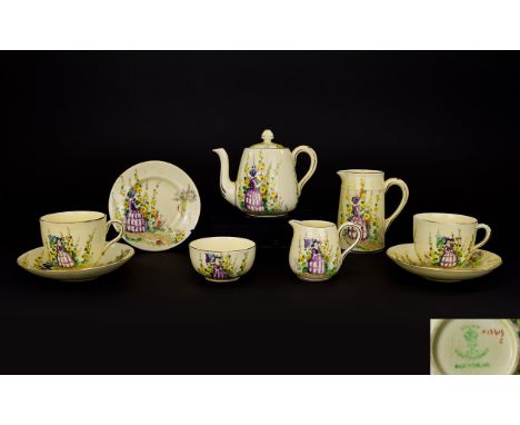 Staffordshire - Crown 1930's ( 9 ) Piece Two for Tea Service. Lady In a Country Garden Design on Yellow Ground. Comprises 1 T