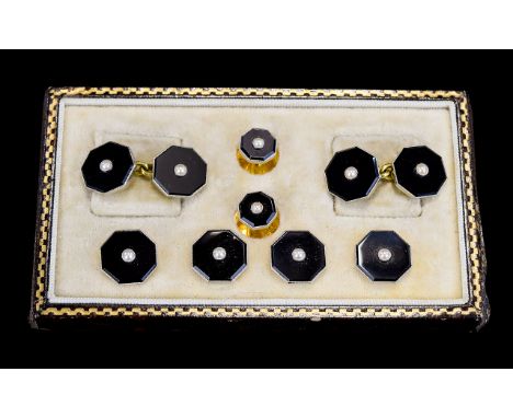 Art Deco Period Gentleman's 18ct Gold and Platinum Dress Stud and Cufflinks Set. With Black Enamel and Pearls to Centre. Orig