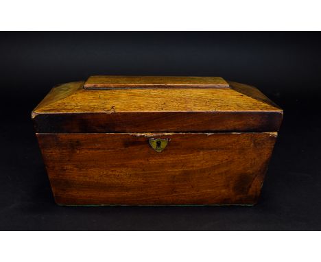 Antique Wood Tea Caddy Large rectangular hinged box of plain form with three internal compartments. 4.5 inches high, 11.5 inc