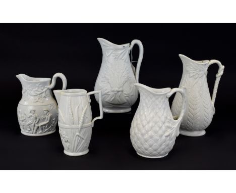 Five Various 19thC Harvest Time Moulded Jugs comprising one white Dudson jug with a large wheatsheaf surrounded by flowers, t
